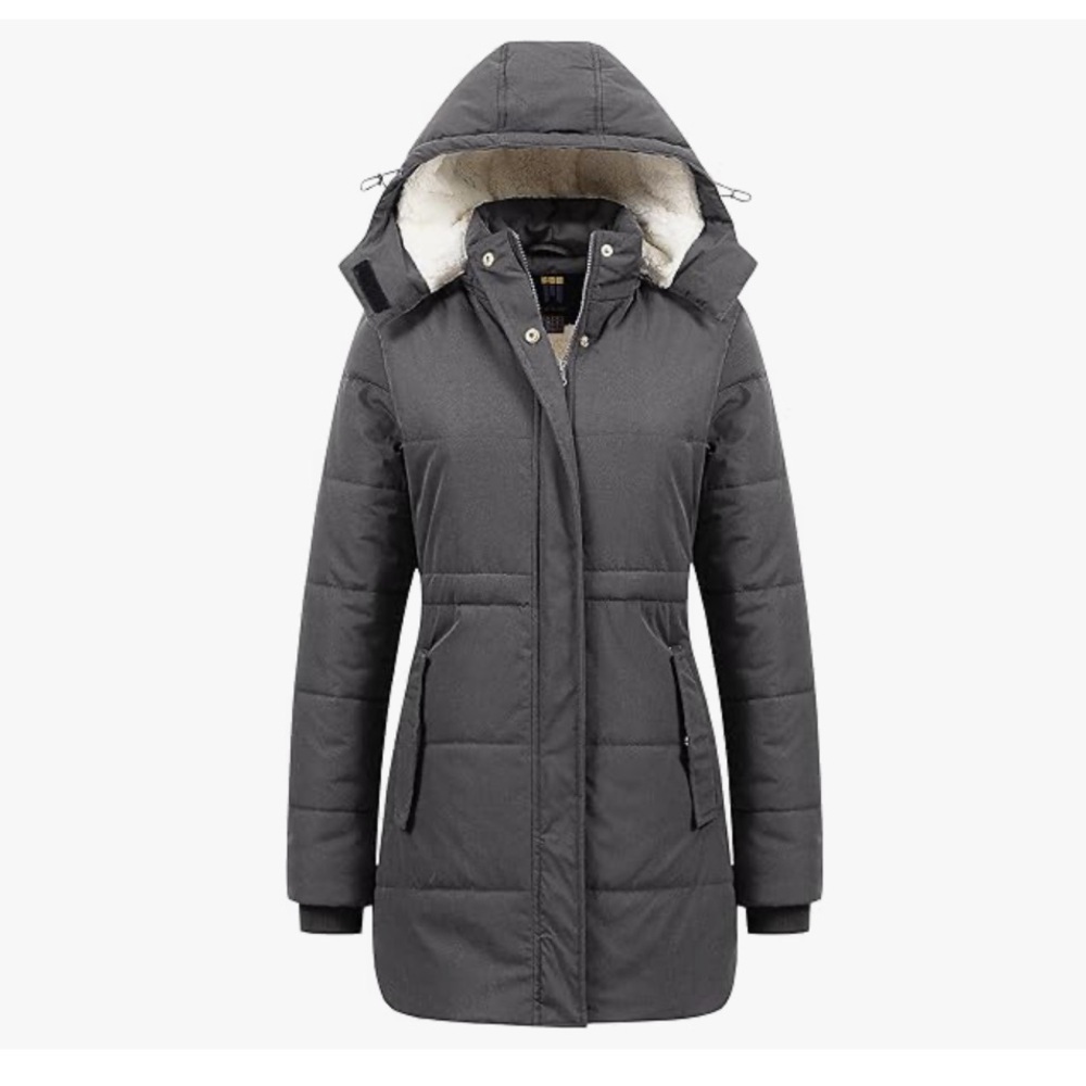NWT Gray Puffer Jacket with Removable Hood and Quilted Design and Sherpa inside